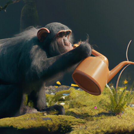 a monkey watering plants with a teapot