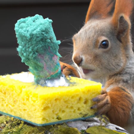 a squirrel cleaning his house with vinegar and a sponge